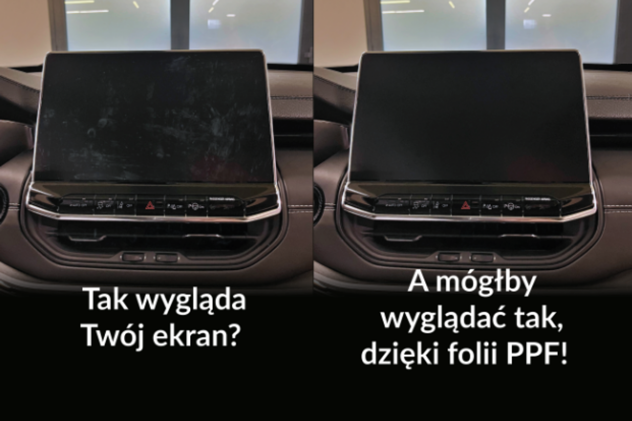 Ekran Jeep przed i po montażu folii PPF
