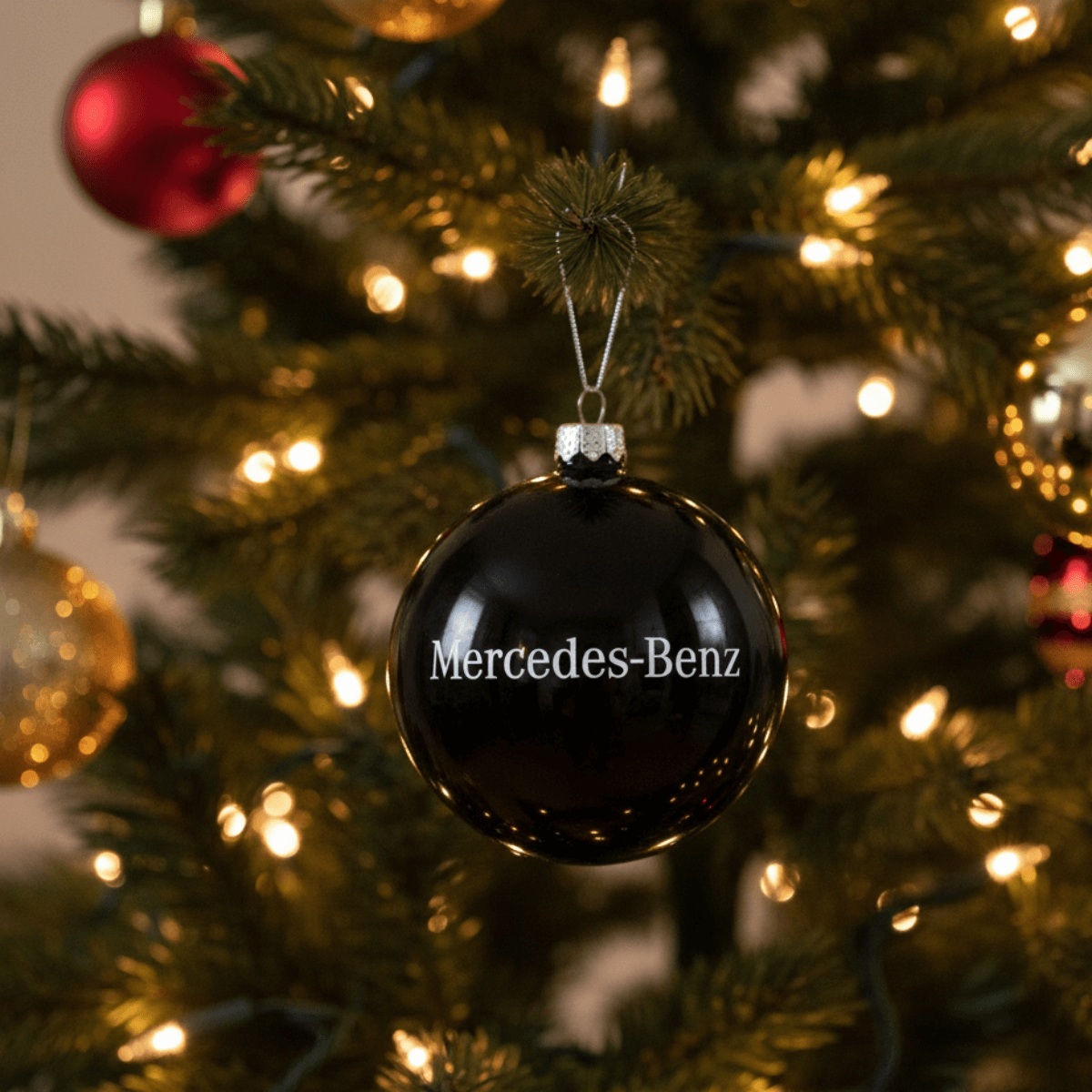 Na ekranie widzisz propozycję prezentu świątecznego z logo Mercedes-Benz: bombki na choinkę z logo Mercedesa