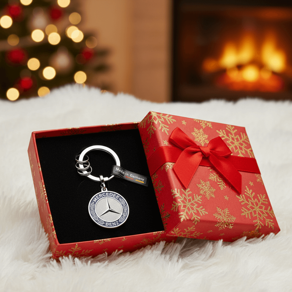 Na ekranie widzisz propozycję prezentu świątecznego z logo Mercedes-Benz: brelok