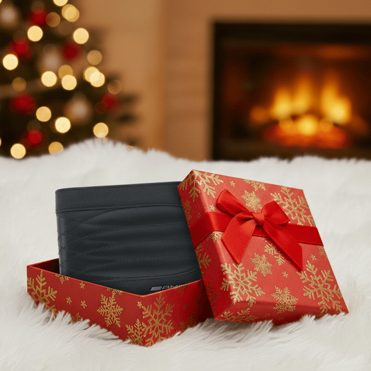 Na ekranie widzisz propozycję prezentu świątecznego z logo Mercedes-Benz: portfel męski ze skóry bydlęcej