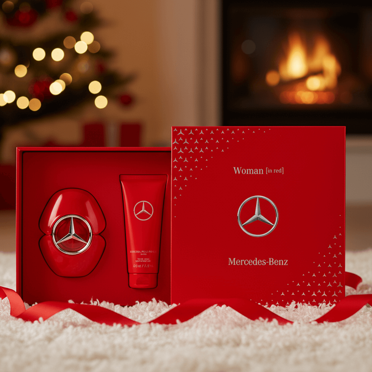 Na ekranie widzisz propozycję prezentu świątecznego z logo Mercedes-Benz: zestaw z kosmetykami dla kobiety