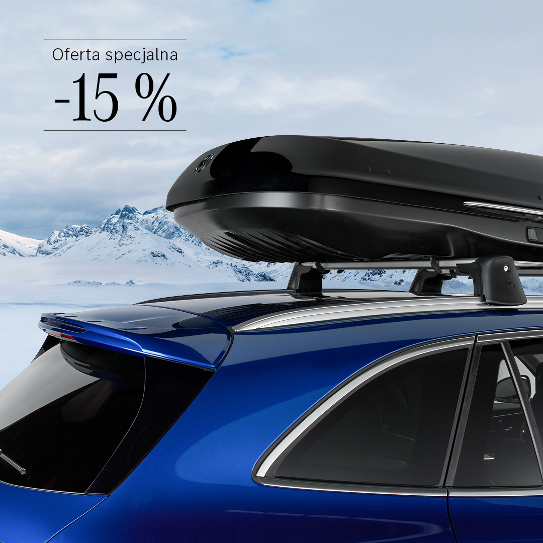 na zdjęciu widzisz box dachowy Mercedes-Benz w ofercie specjalnej z rabatem piętnaście procent.