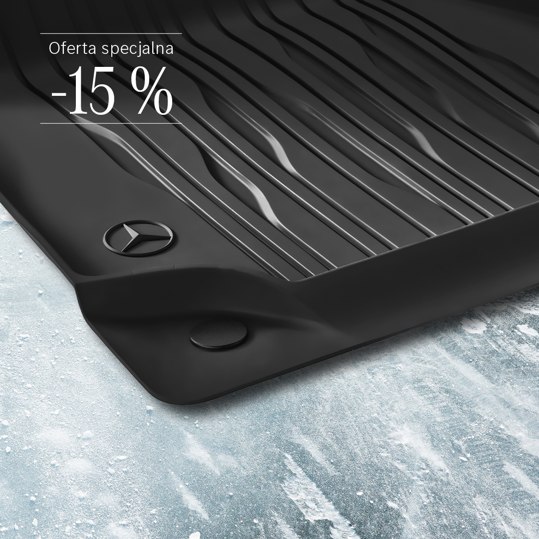 na zdjęciu widzisz wielosezonowe dywaniki gumowe Mercedes-Benz w ofercie specjalnej z rabatem piętnaście procent.