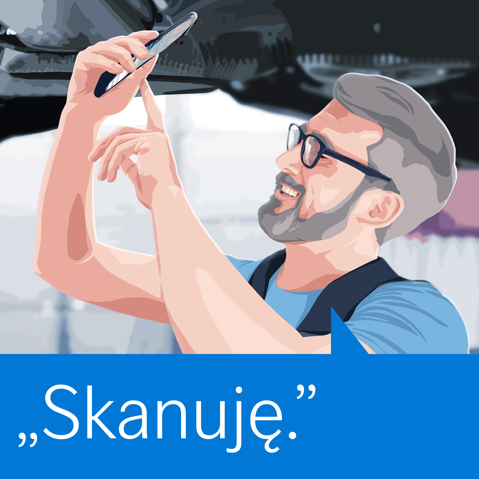 Na rysunku widzisz mężczyznę skanującego element samochodu.