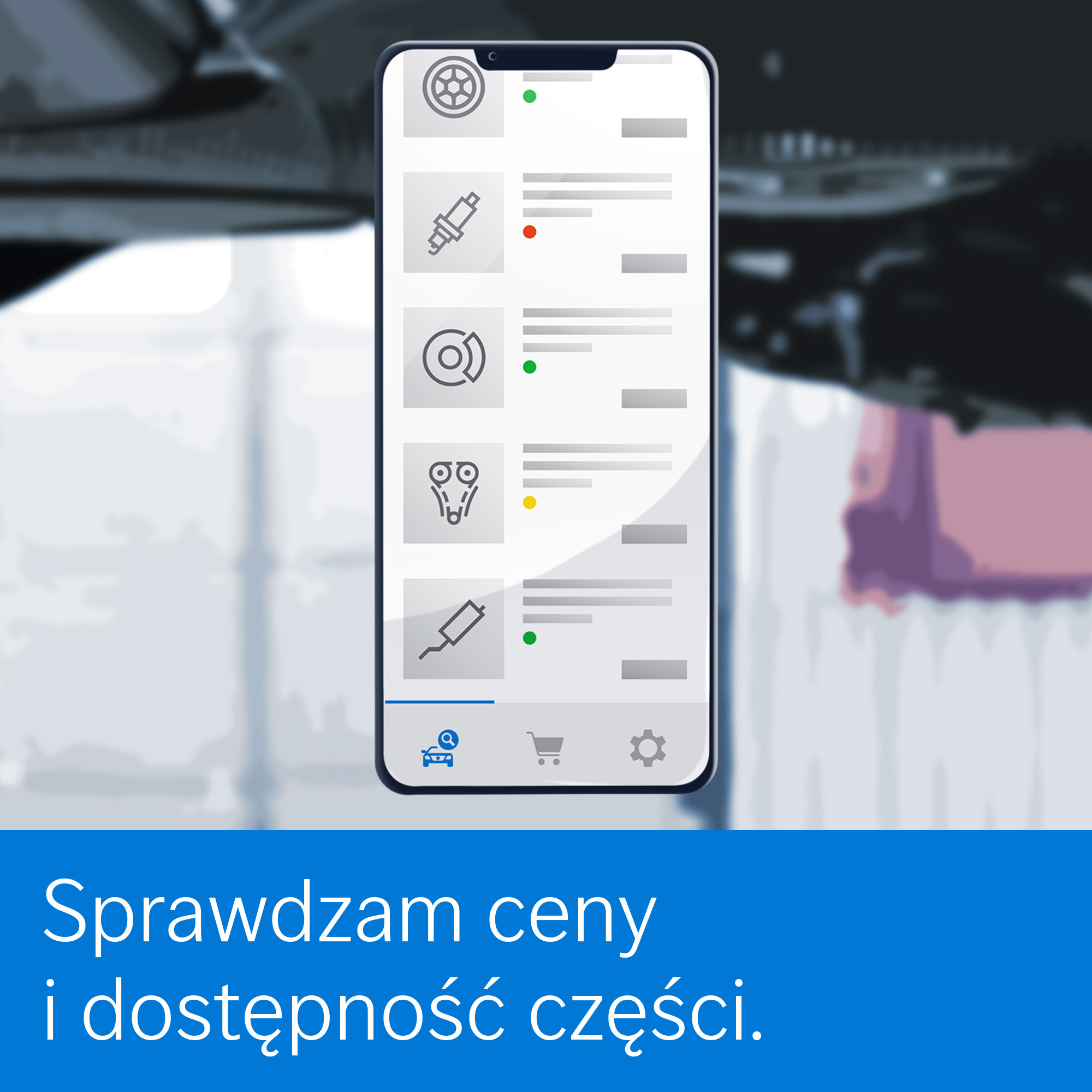 Na grafice widzisz ekran smartfona z listą części i kolorowymi wskaźnikami dostępności oraz podpisem „Sprawdzam ceny i dostępność części”.