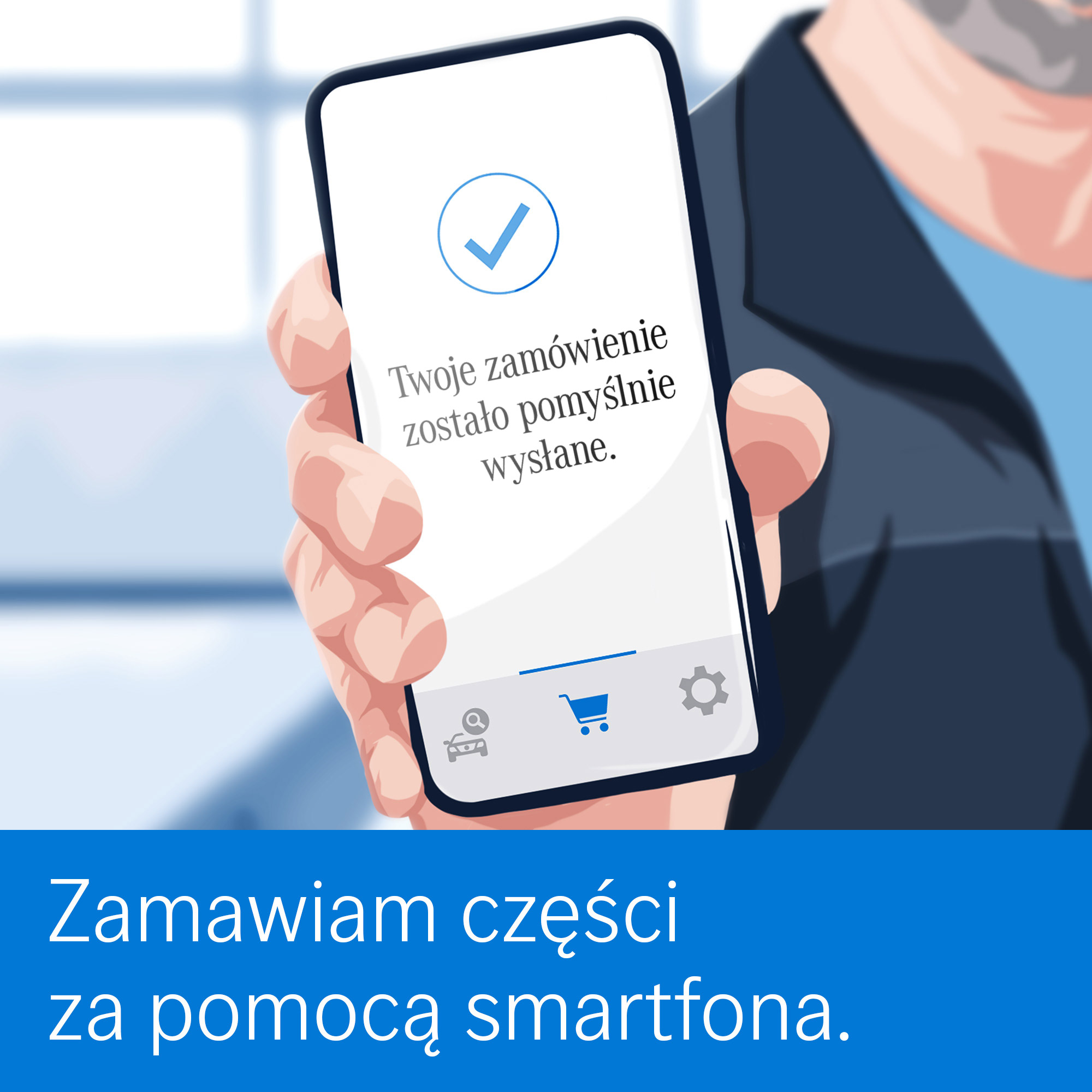 Na grafice widzisz dłoń trzymającą smartfona z komunikatem o pomyślnym złożeniu zamówienia i podpisem „Zamawiam części za pomocą smartfona”.
