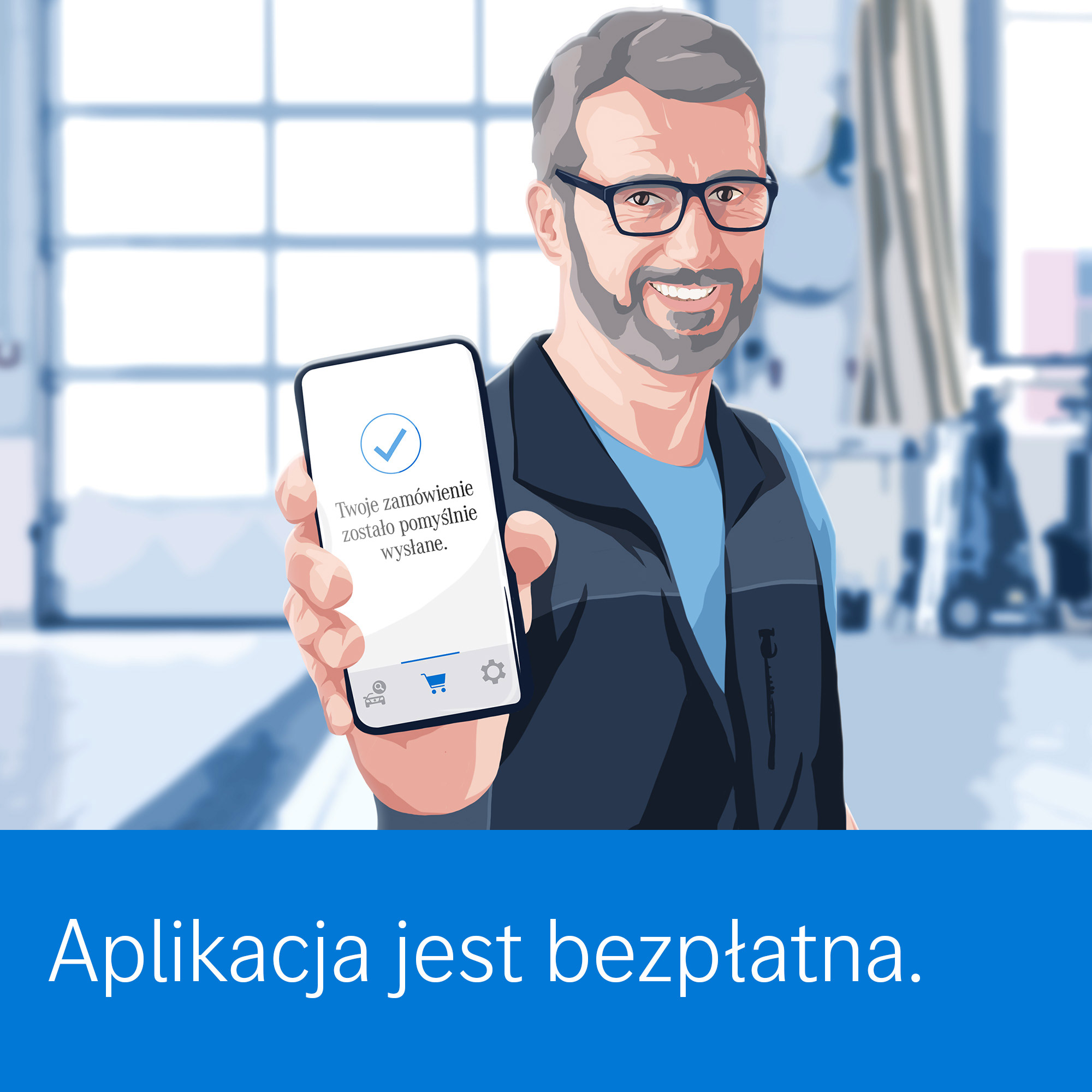 Na grafice widzisz uśmiechniętego mechanika pokazującego ekran smartfona z potwierdzeniem zamówienia oraz podpisem „Aplikacja jest bezpłatna”.