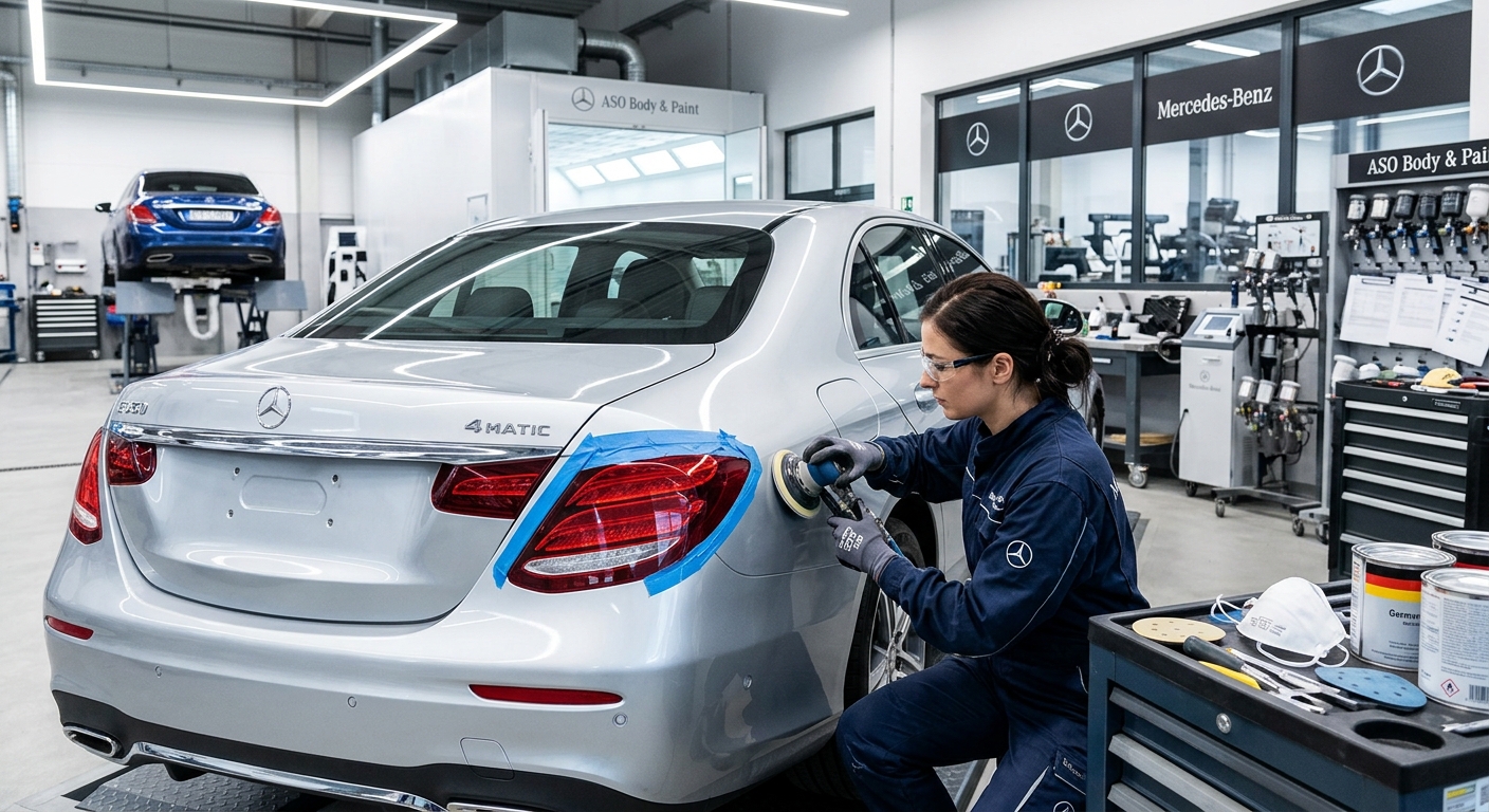 Zdjęcie wygenerowane w AI. Naprawa blacharsko-lakiernicza w serwisie Mercedes-Benz.