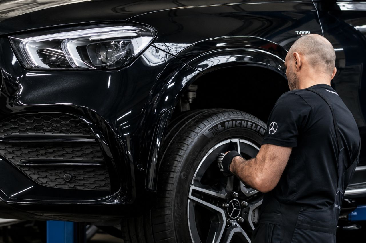 mechanik zmienia naprawia koło w samochodzie marki mercedes-benz