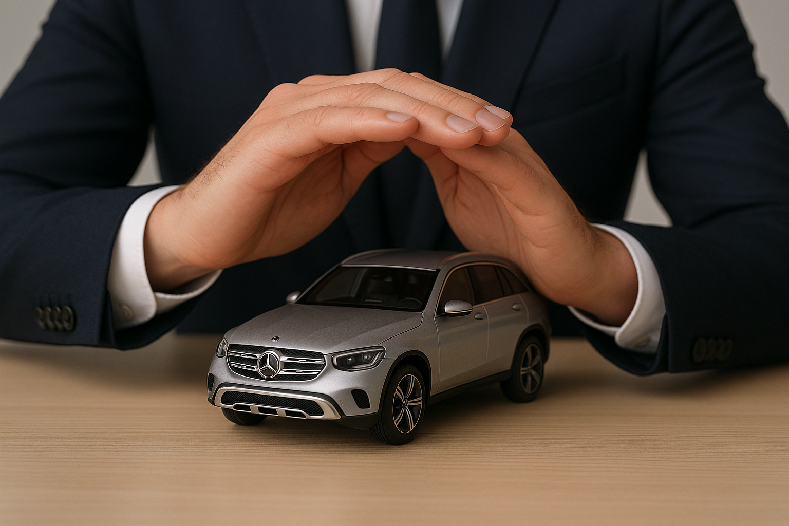 Męskie dłonie w garniturze osłaniają model samochodu, symbolizując ubezpieczenie i ochronę.